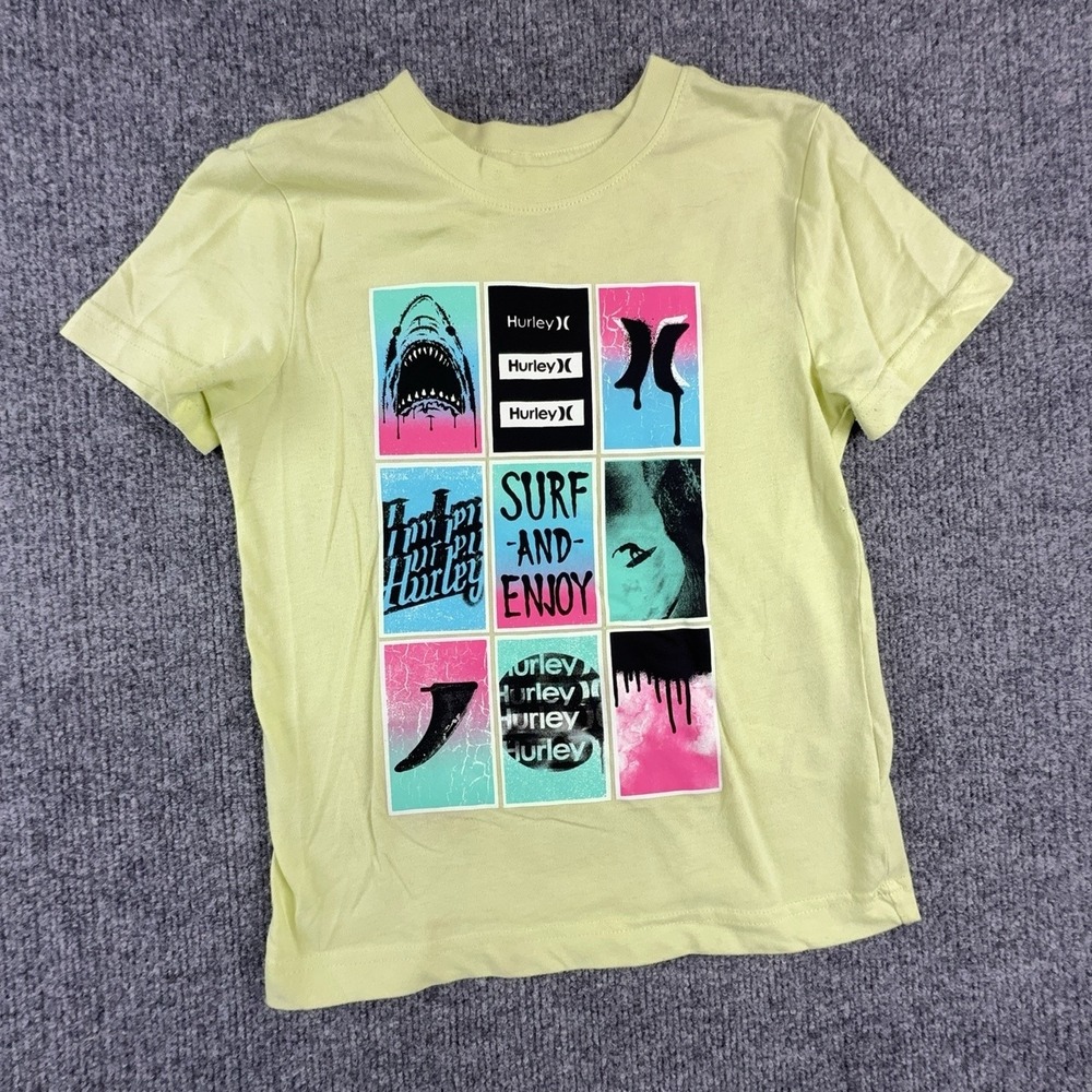 Hurley Kids Small 6/7 Yellow Surf And Enjoy Shark Graphic Tee B756-E16